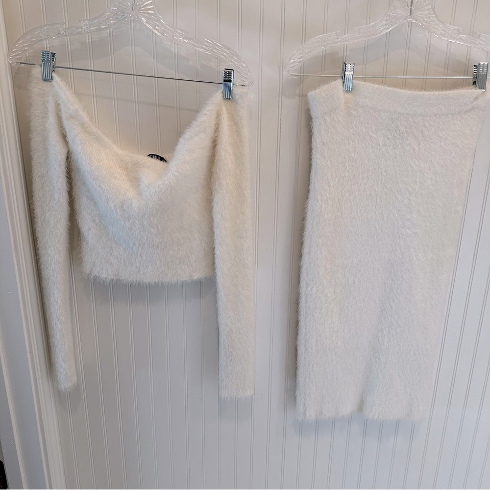 White Long Sleeved Off the Shoulder Crop Top w/ Matching Mid-Length Pencil Skirt